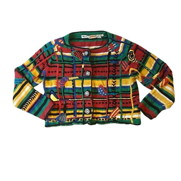 Vintage Michael Simon Embroidered Abstract Holiday Cardigan Sweater S 1994 Y2K - Picture 1 of 6
